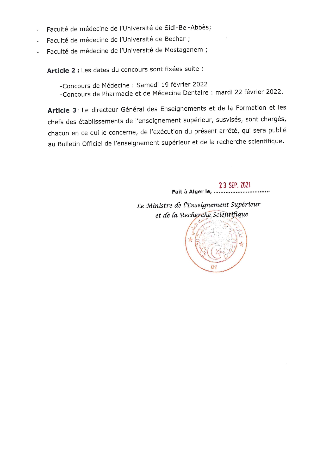 Arrété 1000 fixant les dates du Résidanat page 0004