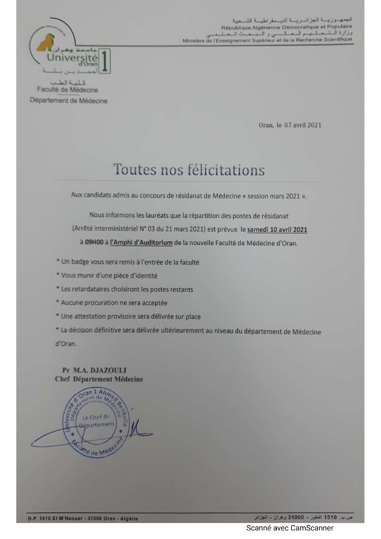 REPARTITION DES POSTES RESIDANAT EN MEDECINE MARS 2021